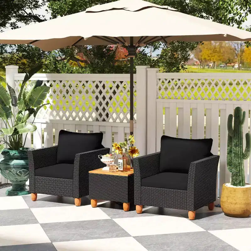 Costway 3 PCS Outdoor Patio Rattan Bistro Furniture Set Wooden Table Top Cushioned Sofa Black Brown