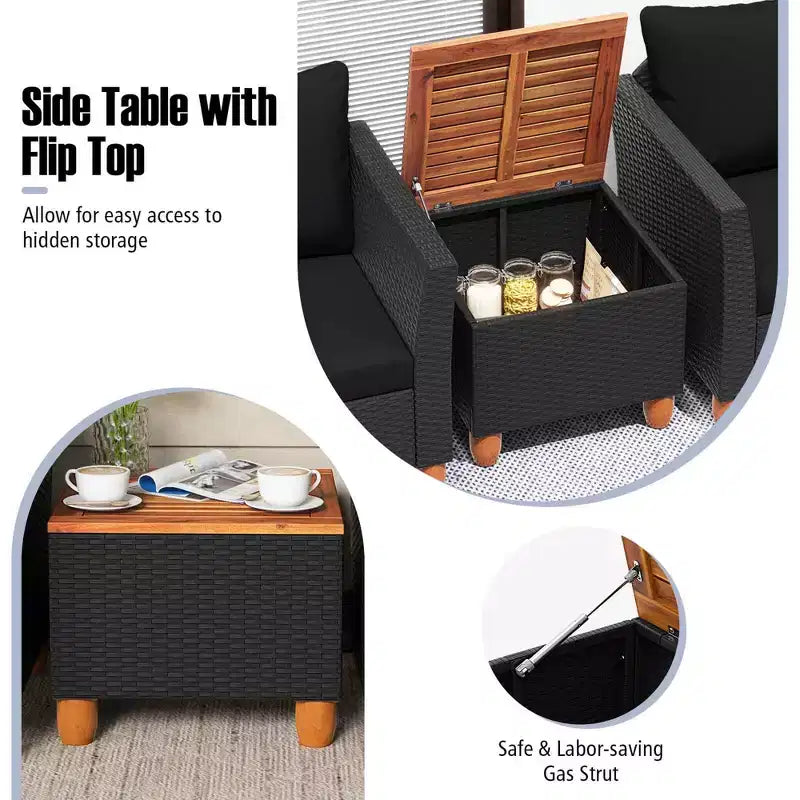 Costway 3 PCS Outdoor Patio Rattan Bistro Furniture Set Wooden Table Top Cushioned Sofa Black Brown