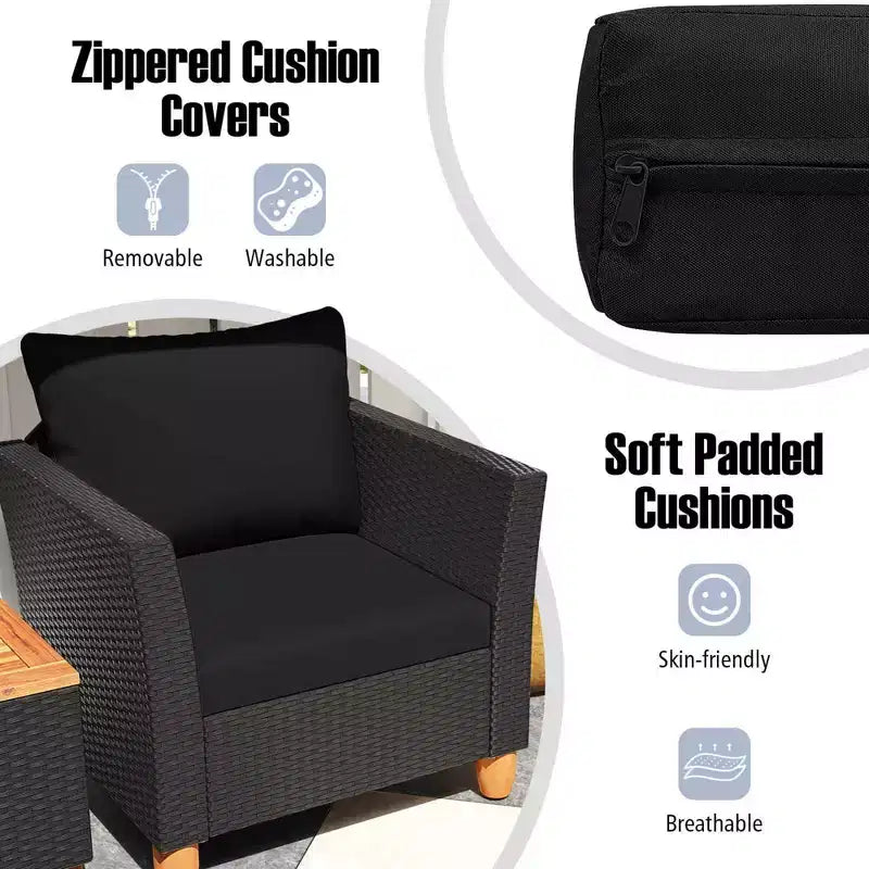 Costway 3 PCS Outdoor Patio Rattan Bistro Furniture Set Wooden Table Top Cushioned Sofa Black Brown