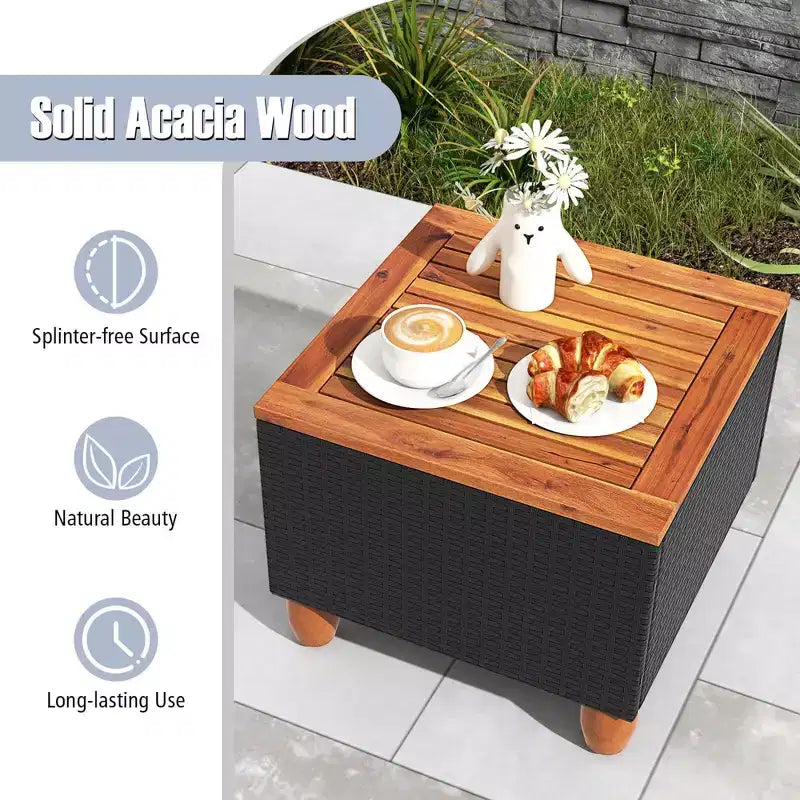 Costway 3 PCS Outdoor Patio Rattan Bistro Furniture Set Wooden Table Top Cushioned Sofa Black Brown
