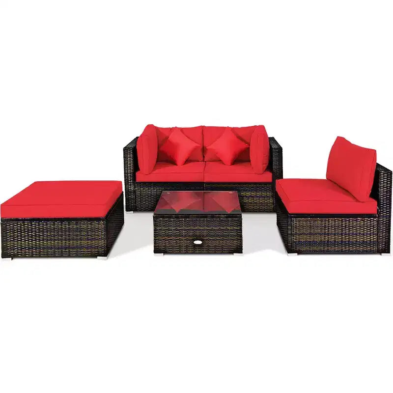 Costway Juego de Muebles Seccionales de Ratán de 5 Piezas para Patio Exterior con Cojines Rojos