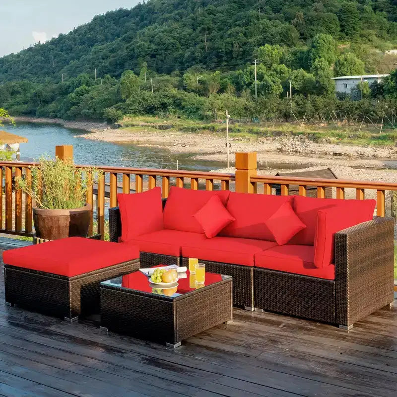Costway Juego de Muebles Seccionales de Ratán de 5 Piezas para Patio Exterior con Cojines Rojos