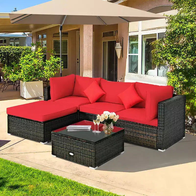 Costway Juego de Muebles Seccionales de Ratán de 5 Piezas para Patio Exterior con Cojines Rojos