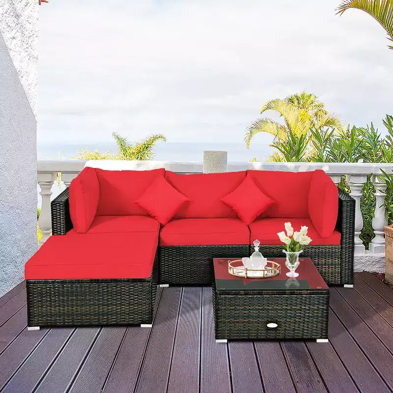 Costway Juego de Muebles Seccionales de Ratán de 5 Piezas para Patio Exterior con Cojines Rojos