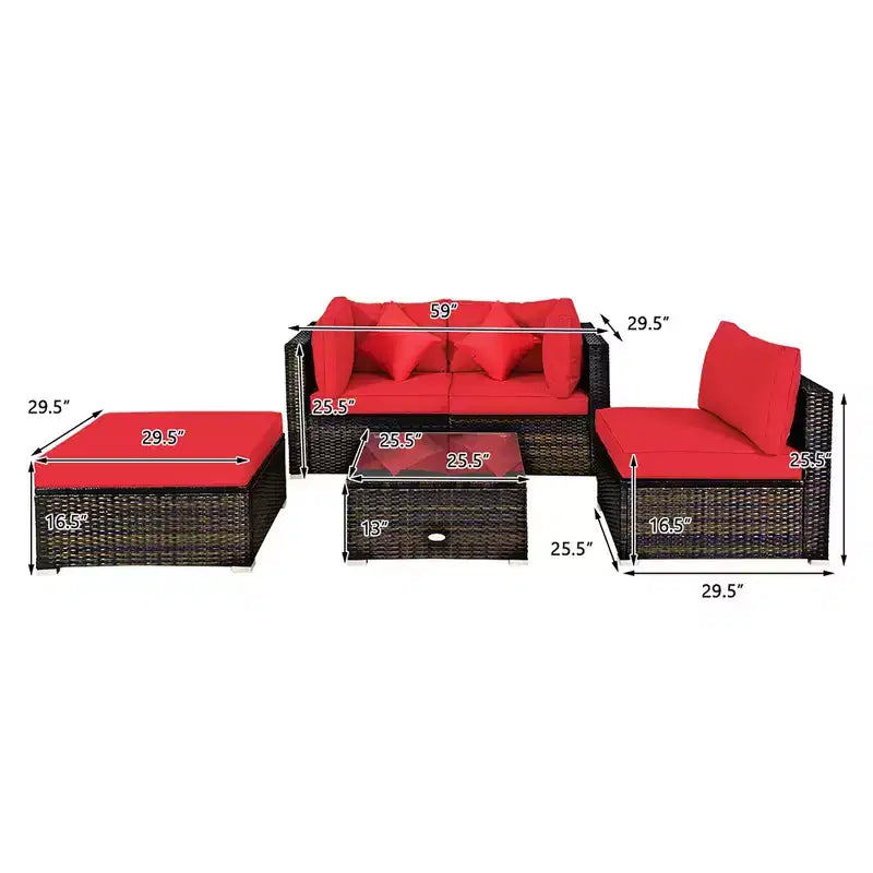 Costway Juego de Muebles Seccionales de Ratán de 5 Piezas para Patio Exterior con Cojines Rojos