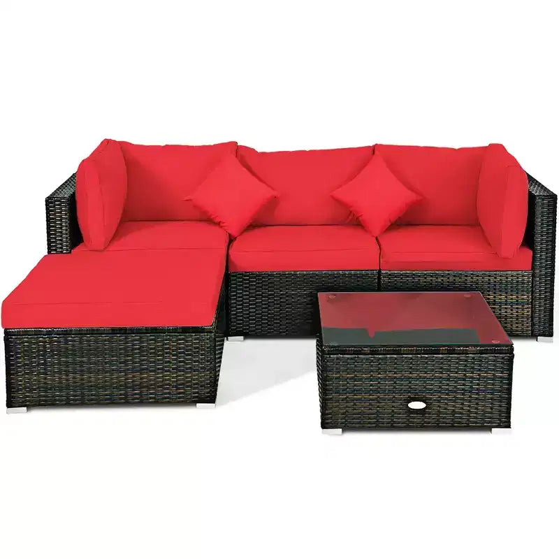 Costway Juego de Muebles Seccionales de Ratán de 5 Piezas para Patio Exterior con Cojines Rojos