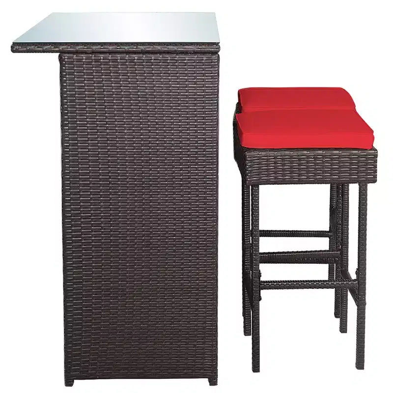 Costway 3PCS Patio Rattan Wicker Bar Table Stools Dining Set Cushioned Chairs Garden Red