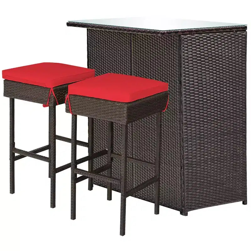 Costway 3PCS Patio Rattan Wicker Bar Table Stools Dining Set Cushioned Chairs Garden Red