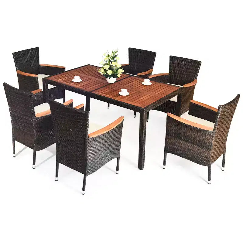 Costway Ensemble repas de jardin 7 pièces en rotin 6 chaises empilables avec coussins