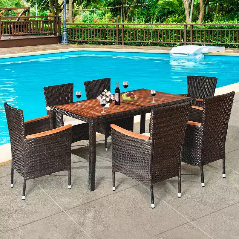 Costway Ensemble repas de jardin 7 pièces en rotin 6 chaises empilables avec coussins