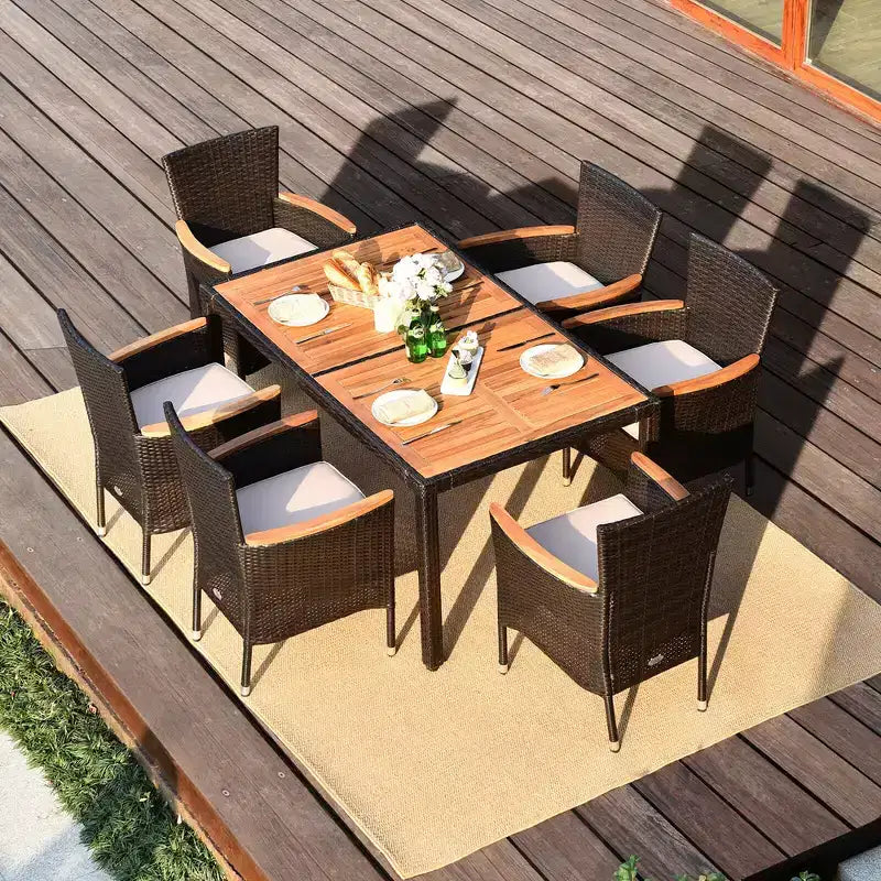Costway Ensemble repas de jardin 7 pièces en rotin 6 chaises empilables avec coussins