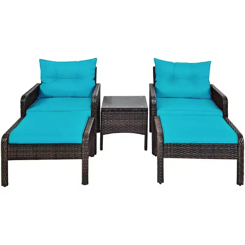 Costway Juego de Muebles de Patio de Ratán de 5 Piezas, Sofá Otomana Mesa Acolchada Turquesa