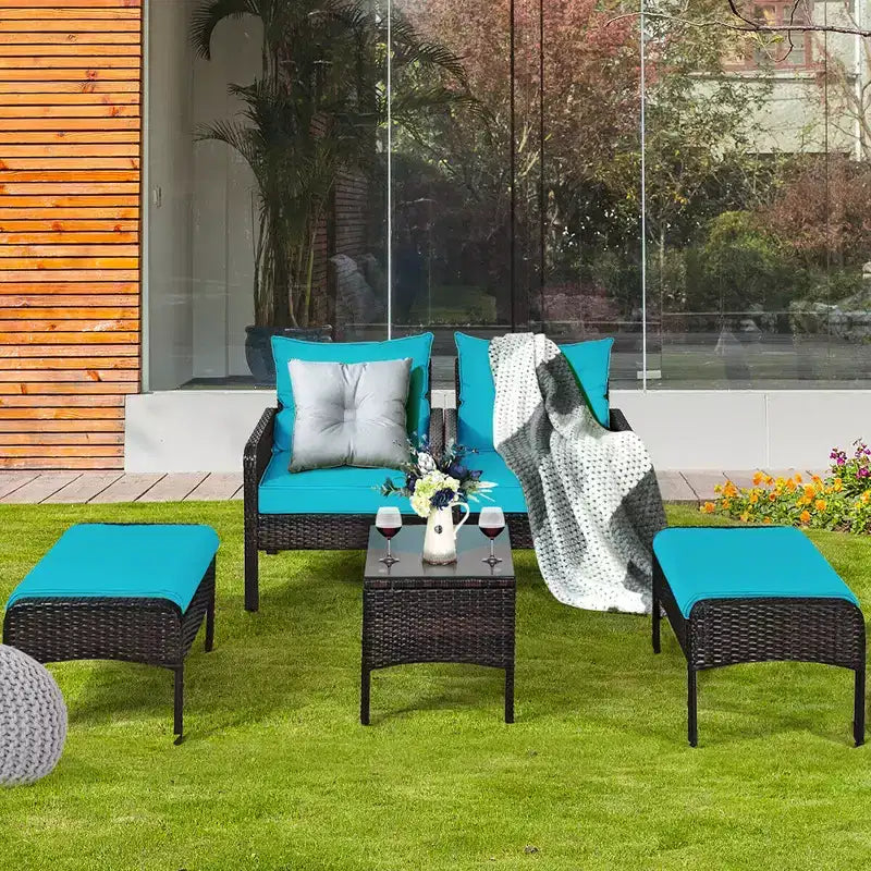 Costway Juego de Muebles de Patio de Ratán de 5 Piezas, Sofá Otomana Mesa Acolchada Turquesa