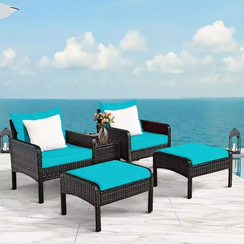 Costway Juego de Muebles de Patio de Ratán de 5 Piezas, Sofá Otomana Mesa Acolchada Turquesa