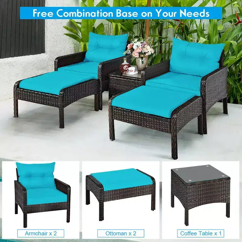 Costway Juego de Muebles de Patio de Ratán de 5 Piezas, Sofá Otomana Mesa Acolchada Turquesa