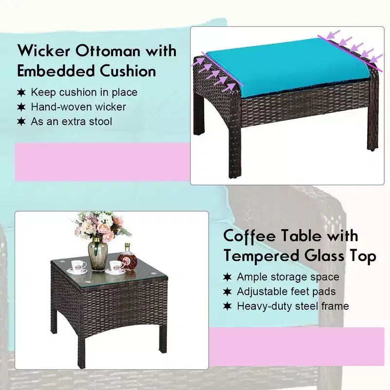 Costway Juego de Muebles de Patio de Ratán de 5 Piezas, Sofá Otomana Mesa Acolchada Turquesa