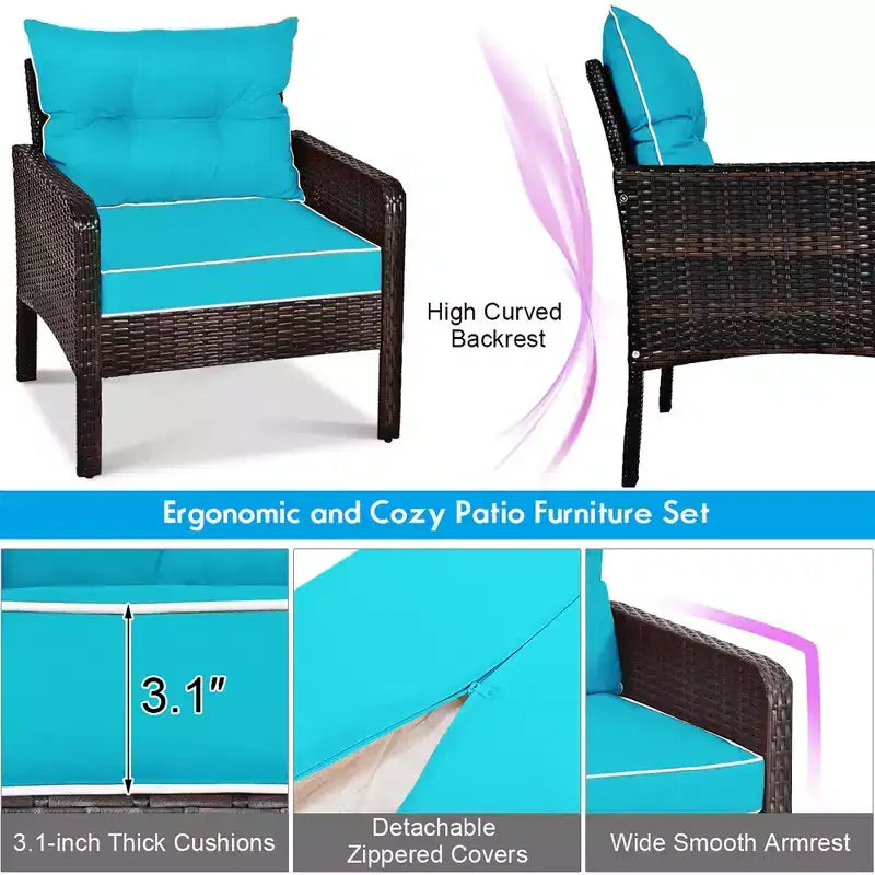Costway Juego de Muebles de Patio de Ratán de 5 Piezas, Sofá Otomana Mesa Acolchada Turquesa