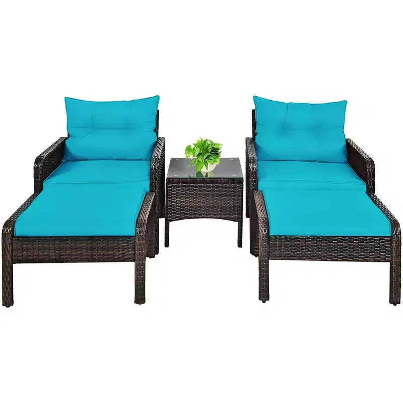 Costway Juego de Muebles de Patio de Ratán de 5 Piezas, Sofá Otomana Mesa Acolchada Turquesa