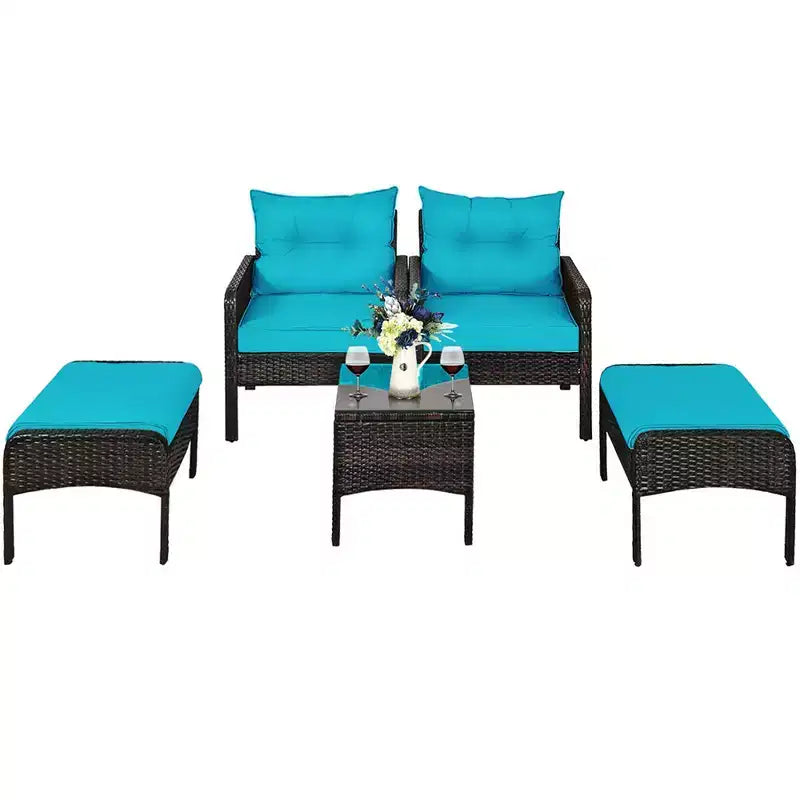 Costway Juego de Muebles de Patio de Ratán de 5 Piezas, Sofá Otomana Mesa Acolchada Turquesa
