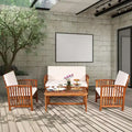 Costway 4PCS Patio Solid Wood Furniture Set Conversation Coffee Table W/White Cushion