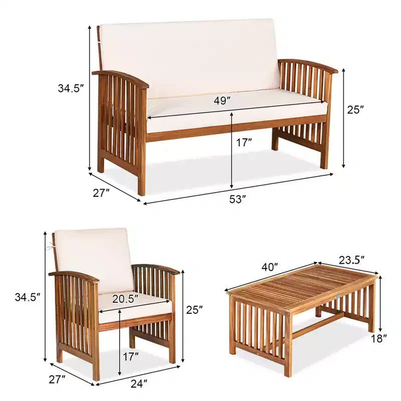 Costway Juego de Muebles de Jardín de Madera Sólida de 4 Piezas con Mesa de Centro y Cojines Blancos