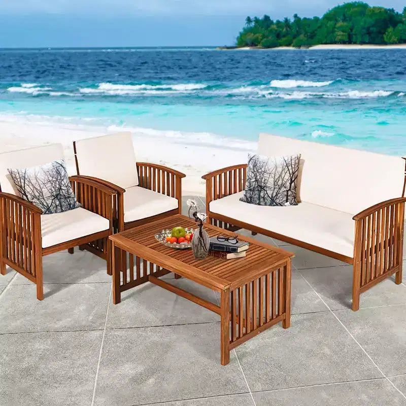 Costway Juego de Muebles de Jardín de Madera Sólida de 4 Piezas con Mesa de Centro y Cojines Blancos