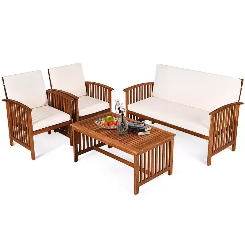 Costway Juego de Muebles de Jardín de Madera Sólida de 4 Piezas con Mesa de Centro y Cojines Blancos