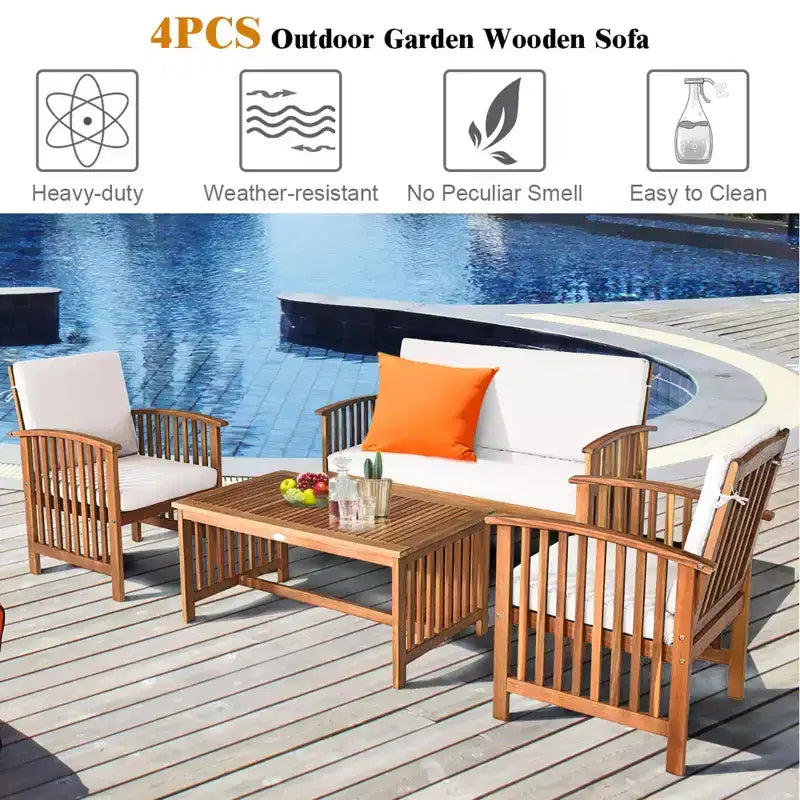 Costway Juego de Muebles de Jardín de Madera Sólida de 4 Piezas con Mesa de Centro y Cojines Blancos
