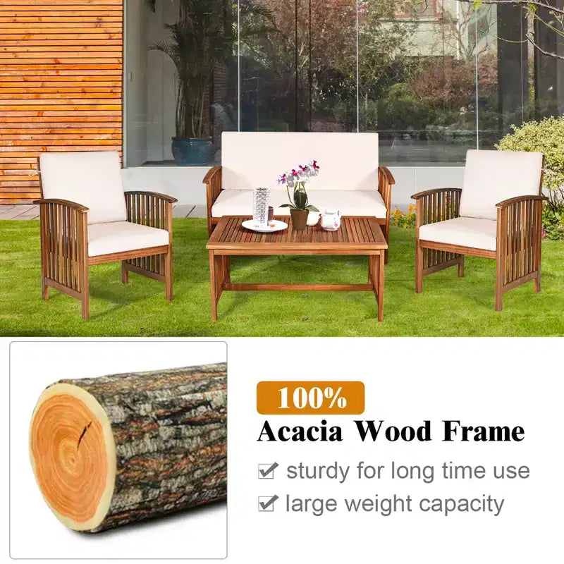 Costway Juego de Muebles de Jardín de Madera Sólida de 4 Piezas con Mesa de Centro y Cojines Blancos