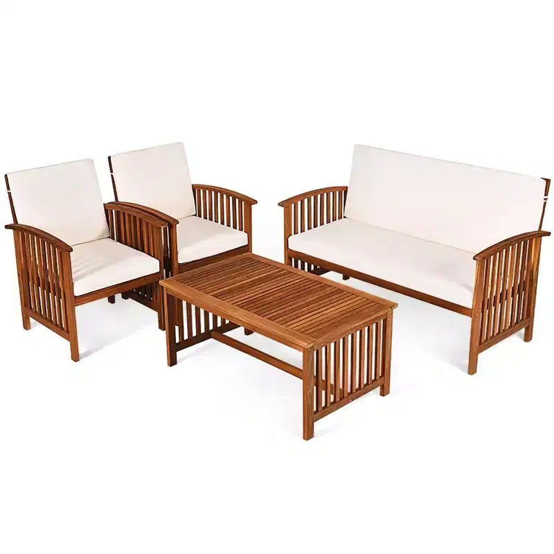 Costway Juego de Muebles de Jardín de Madera Sólida de 4 Piezas con Mesa de Centro y Cojines Blancos