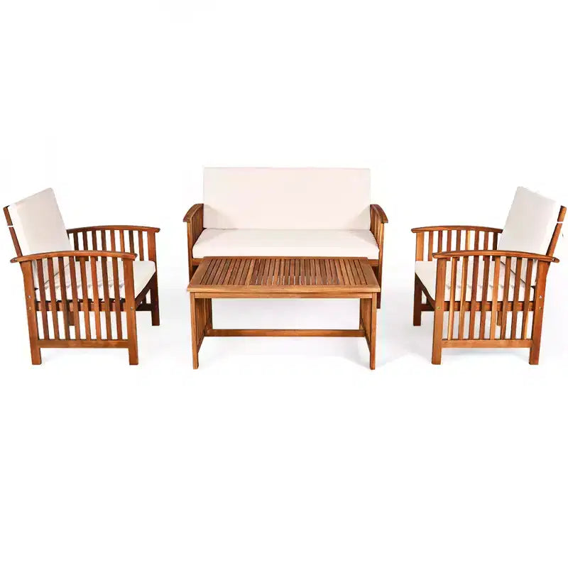 Costway Juego de Muebles de Jardín de Madera Sólida de 4 Piezas con Mesa de Centro y Cojines Blancos