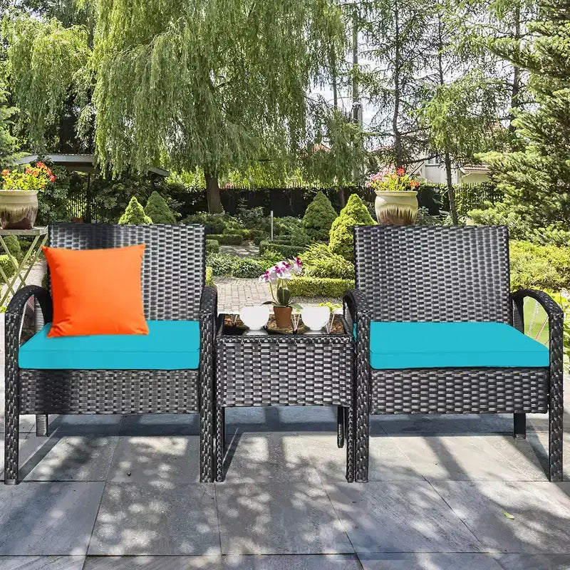 Costway Juego de Muebles de Ratán para Patio de 3 Piezas, Mesa de Centro, Sofá de Conversación Acolchado