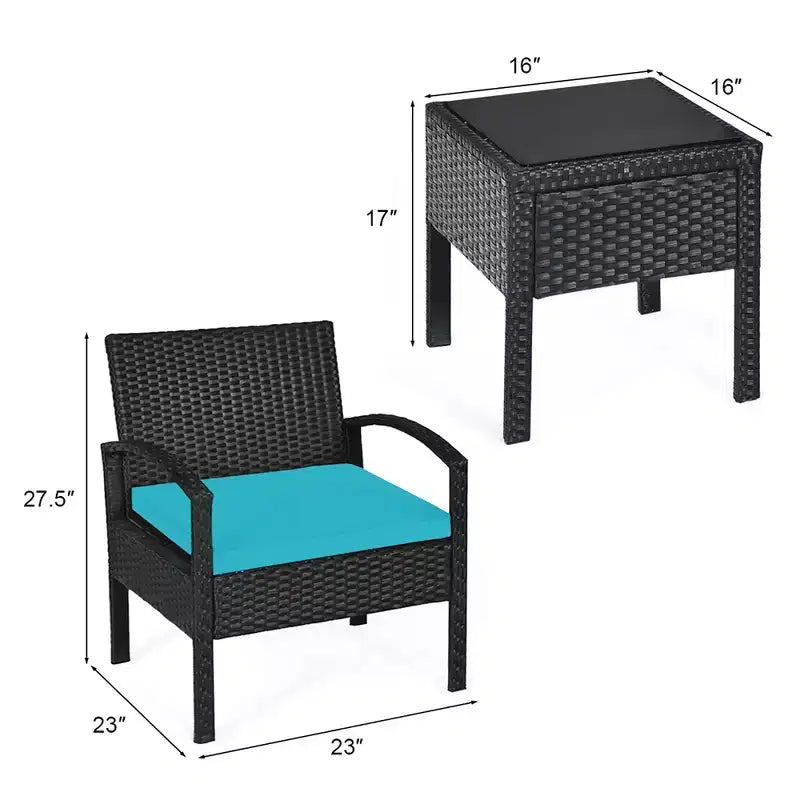 Costway Juego de Muebles de Ratán para Patio de 3 Piezas, Mesa de Centro, Sofá de Conversación Acolchado