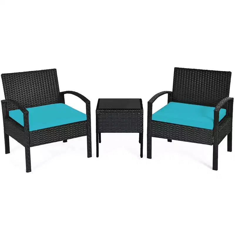 Costway Juego de Muebles de Ratán para Patio de 3 Piezas, Mesa de Centro, Sofá de Conversación Acolchado