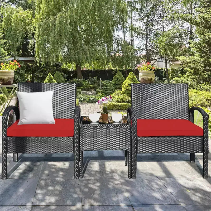 Costway Juego de Muebles de Ratán para Patio de 3 Piezas, Mesa de Centro, Sofá de Conversación Acolchado