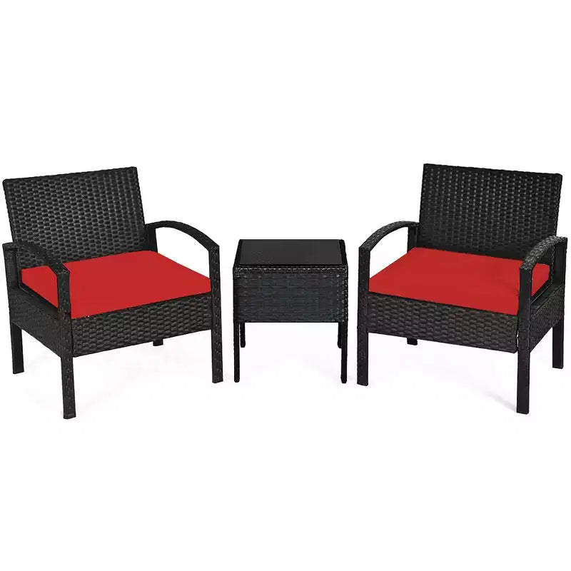 Costway Juego de Muebles de Ratán para Patio de 3 Piezas, Mesa de Centro, Sofá de Conversación Acolchado