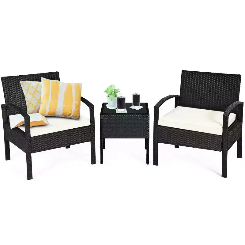 Costway Juego de Muebles de Ratán para Patio de 3 Piezas, Mesa de Centro, Sofá de Conversación Acolchado