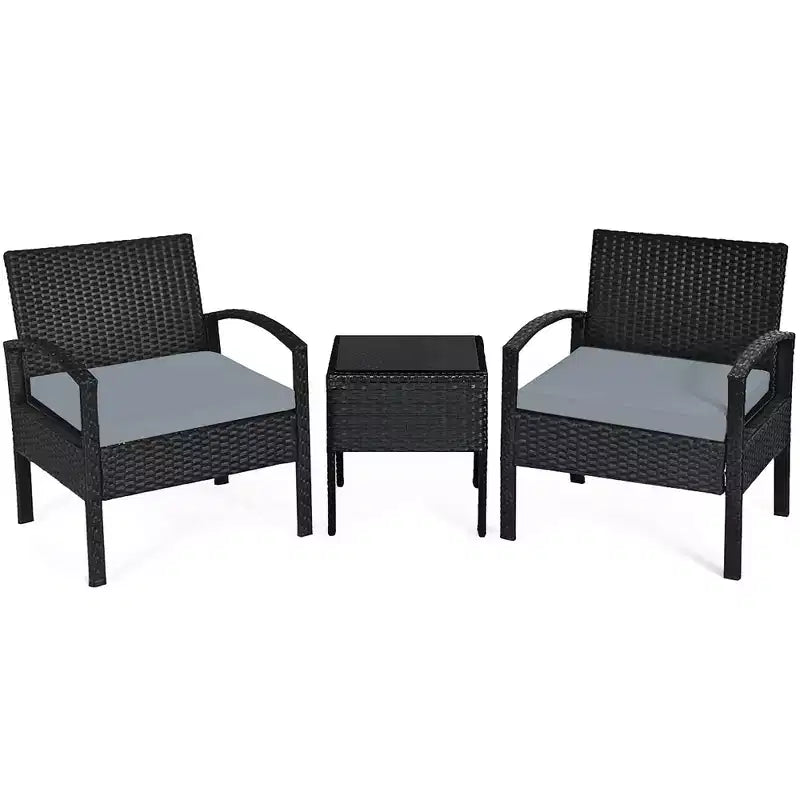 Costway Juego de Muebles de Ratán para Patio de 3 Piezas, Mesa de Centro, Sofá de Conversación Acolchado