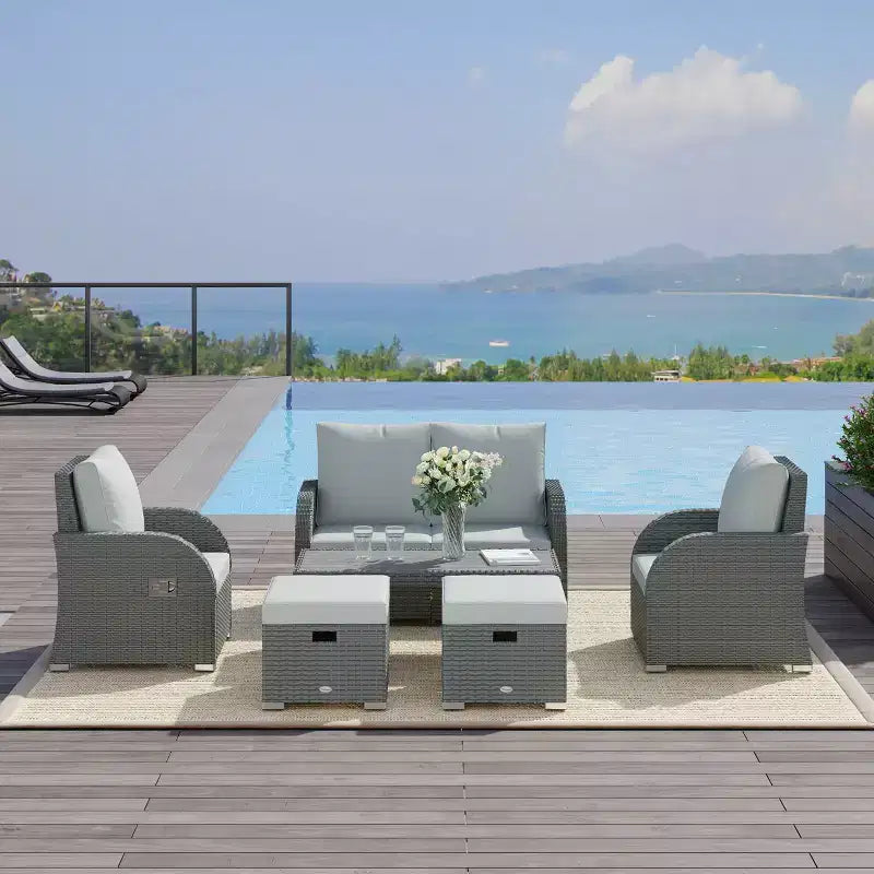 Outsunny Juego de Muebles de Patio de 6 Piezas, Sofá de Exterior de Mimbre, Conjunto de Conversación con Silla Individual Reclinable de Ratán, Otomanas, Cojines de Mesa, Gris