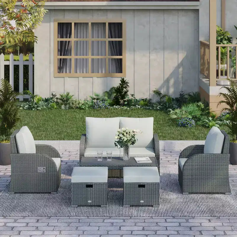 Outsunny Juego de Muebles de Patio de 6 Piezas, Sofá de Exterior de Mimbre, Conjunto de Conversación con Silla Individual Reclinable de Ratán, Otomanas, Cojines de Mesa, Gris