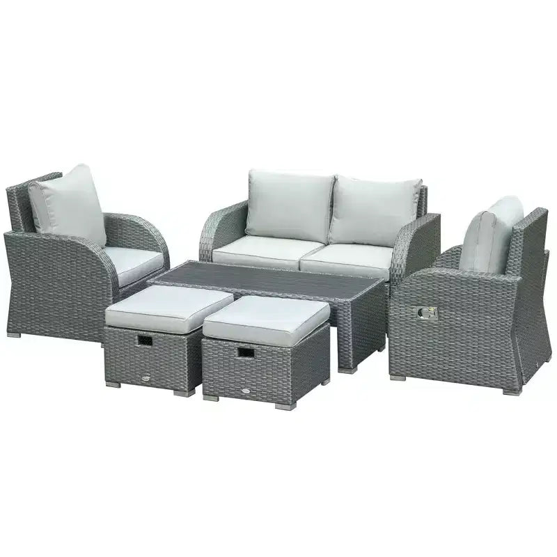 Outsunny Juego de Muebles de Patio de 6 Piezas, Sofá de Exterior de Mimbre, Conjunto de Conversación con Silla Individual Reclinable de Ratán, Otomanas, Cojines de Mesa, Gris