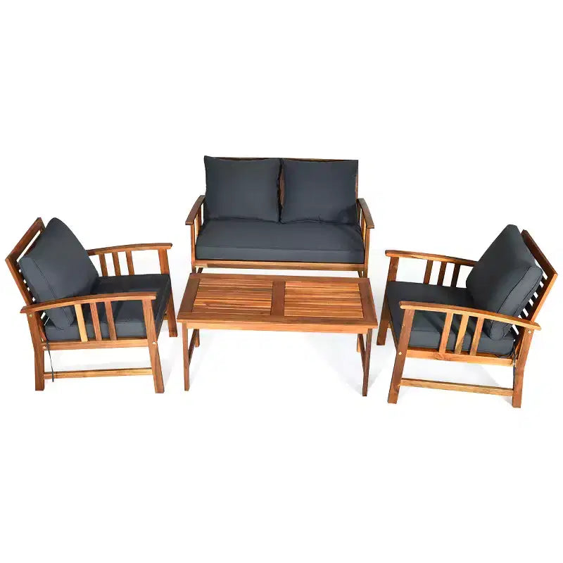 Costway Juego de Muebles de Jardín de Madera de 4 Piezas Mesa Sofá Sillas Acolchadas NUEVO