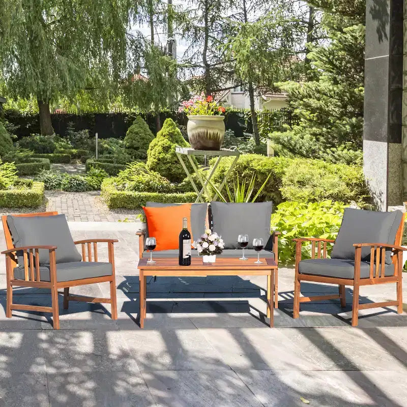Costway Juego de Muebles de Jardín de Madera de 4 Piezas Mesa Sofá Sillas Acolchadas NUEVO