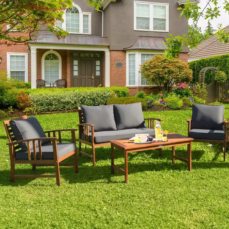 Costway Juego de Muebles de Jardín de Madera de 4 Piezas Mesa Sofá Sillas Acolchadas NUEVO