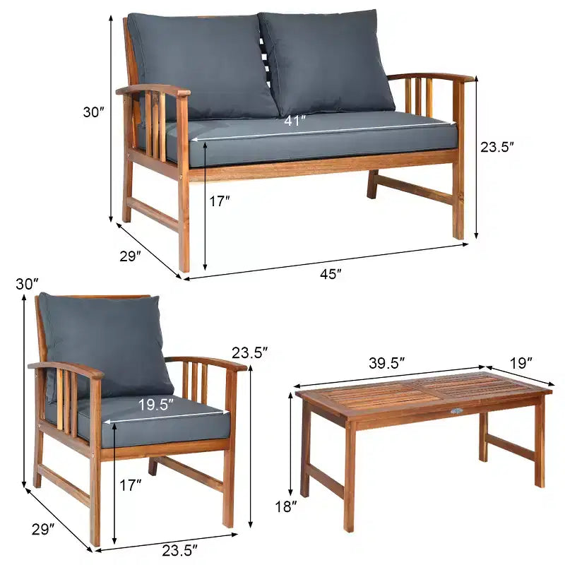 Costway Juego de Muebles de Jardín de Madera de 4 Piezas Mesa Sofá Sillas Acolchadas NUEVO