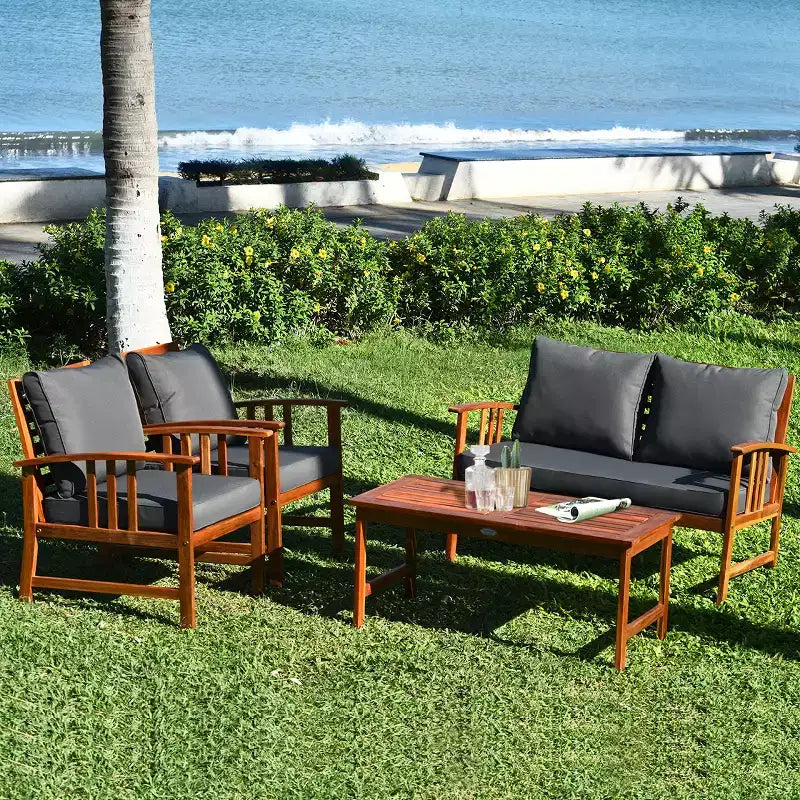 Costway Juego de Muebles de Jardín de Madera de 4 Piezas Mesa Sofá Sillas Acolchadas NUEVO