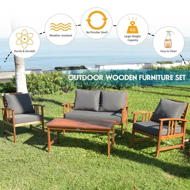 Costway Juego de Muebles de Jardín de Madera de 4 Piezas Mesa Sofá Sillas Acolchadas NUEVO