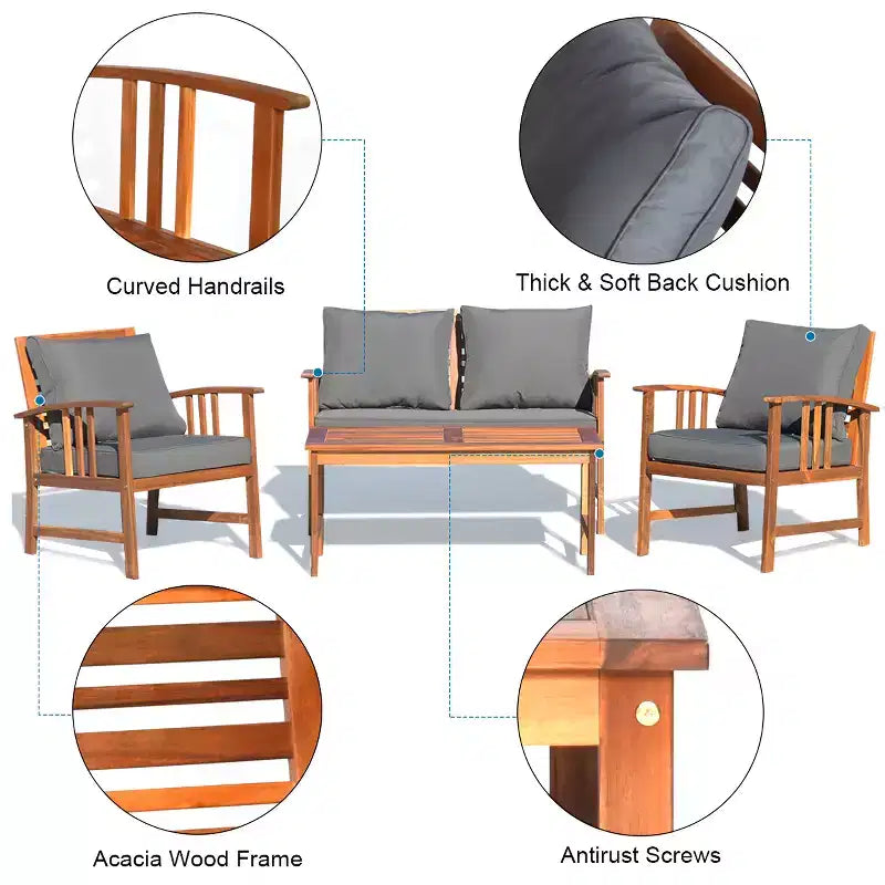 Costway Juego de Muebles de Jardín de Madera de 4 Piezas Mesa Sofá Sillas Acolchadas NUEVO