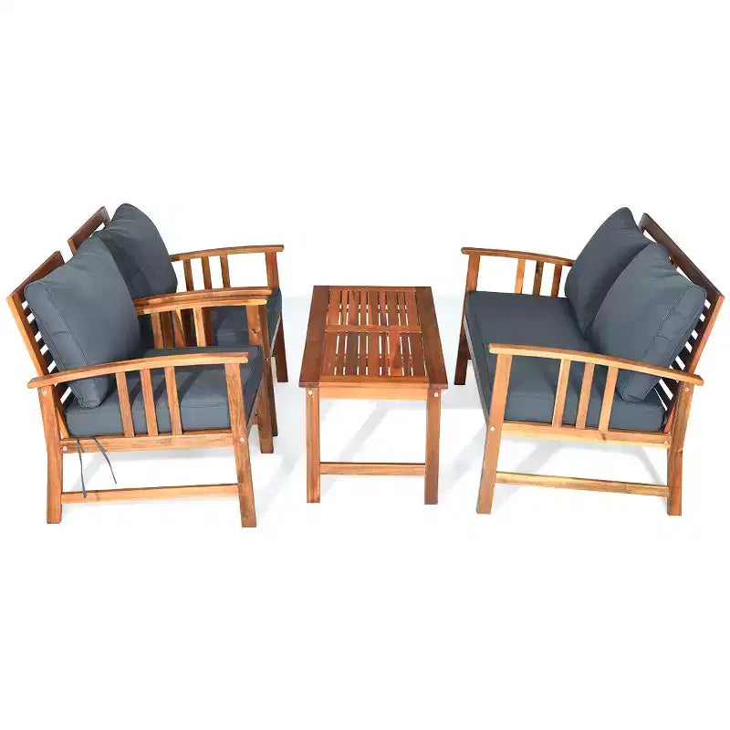 Costway Juego de Muebles de Jardín de Madera de 4 Piezas Mesa Sofá Sillas Acolchadas NUEVO
