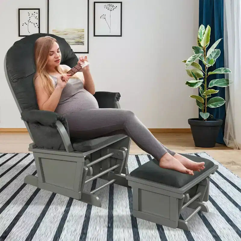 Costway Wood Glider & Ottoman Cushion Set Baby Nursery Rocking Chair